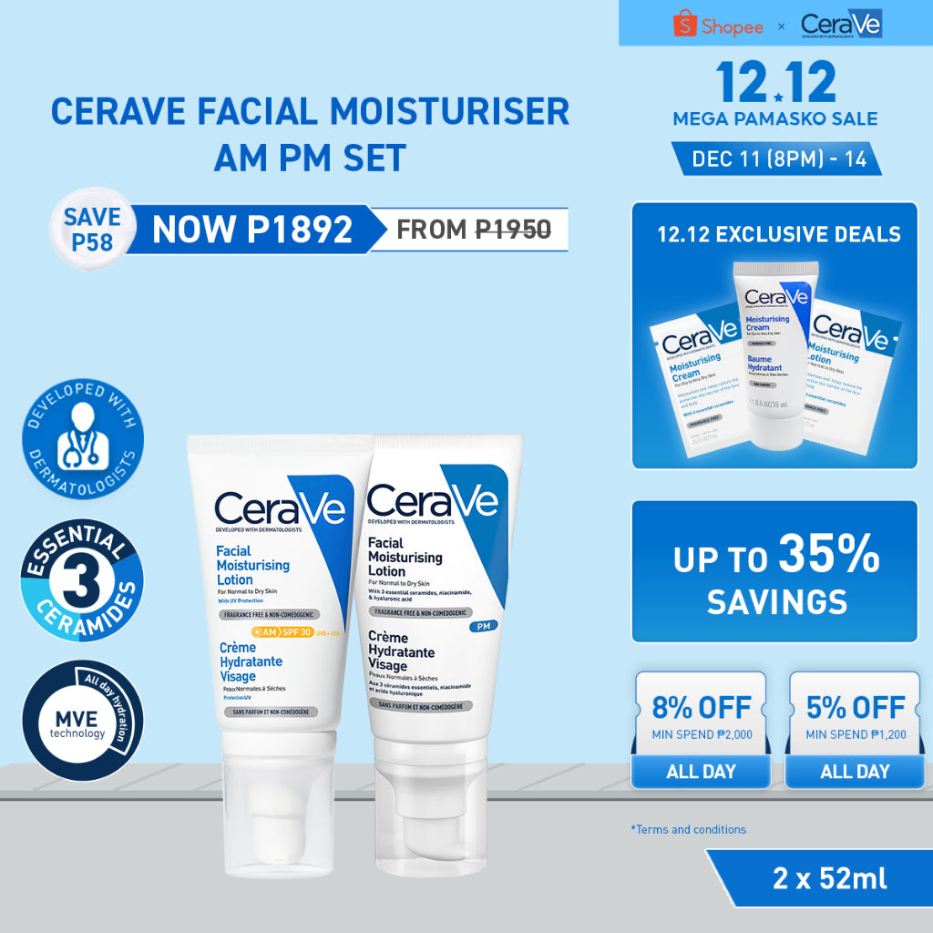 CeraVe Facial Moisturiser AM PM Set | Day Moisturizing Lotion SPF30 with Oil-Free Night Cream