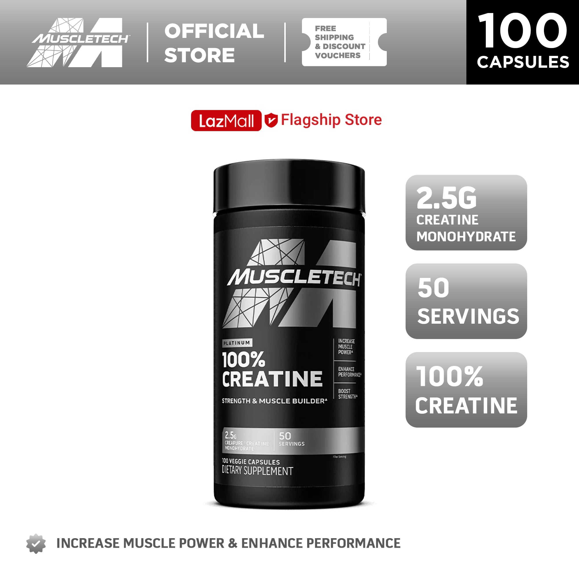 MuscleTech Platinum 100% Creatine Capsules 100 Veggie Caps