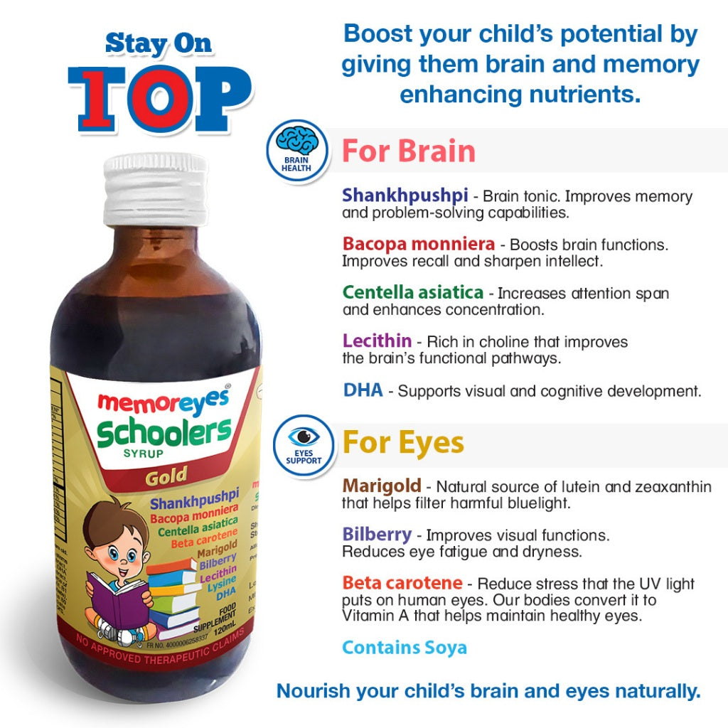 MemorEyes Schoolers Gold Syrup 120ml | Memory Booster for Kids Ages 4-9 | Plant-Based Brain & Focus