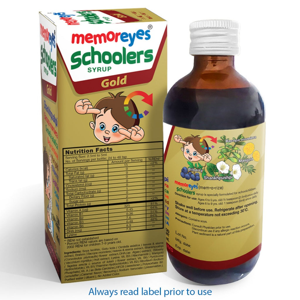 MemorEyes Schoolers Gold Syrup 120ml | Memory Booster for Kids Ages 4-9 | Plant-Based Brain & Focus