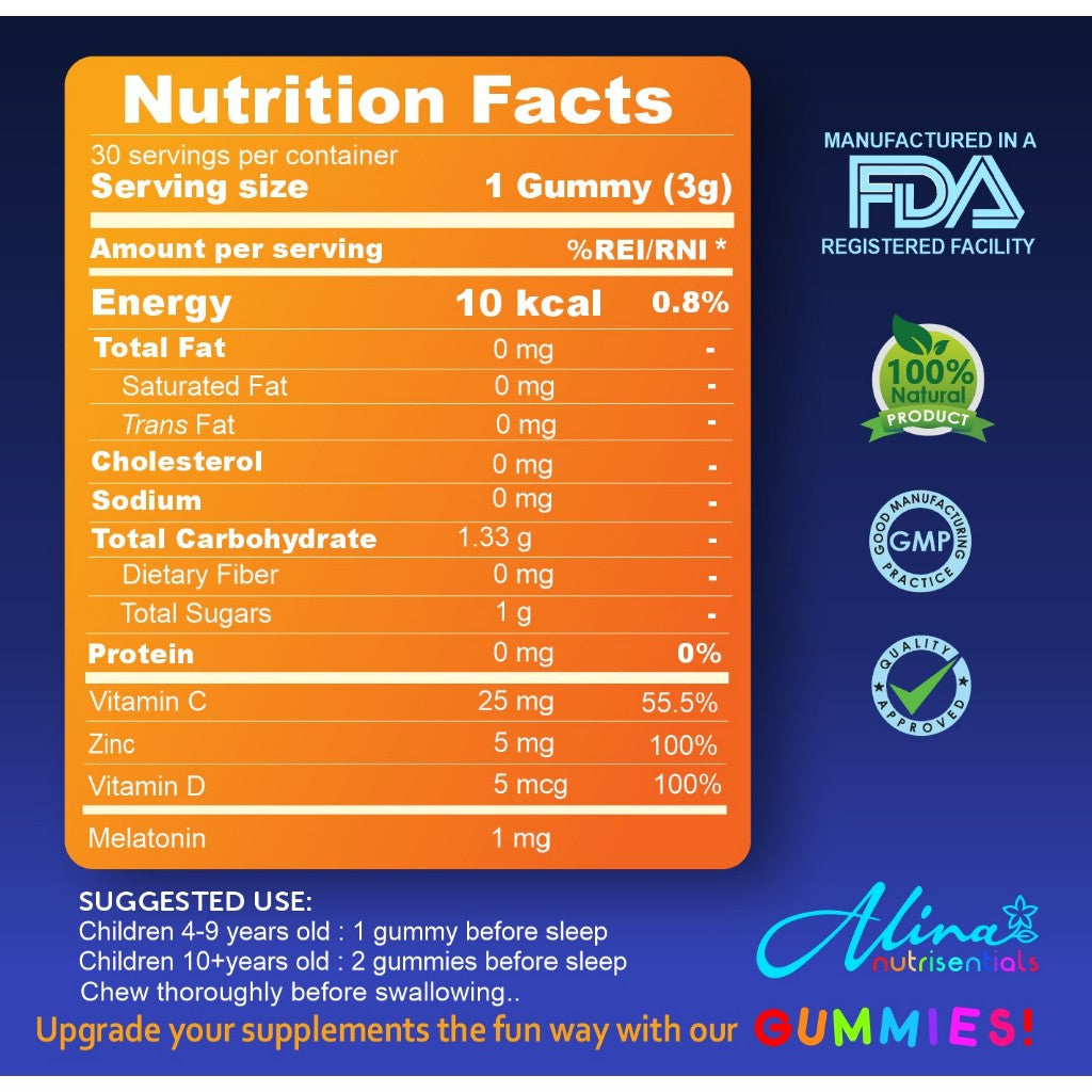 Kids SLEEP Vitamins Melatonin + Vitamin C D Zinc 30 Gummy