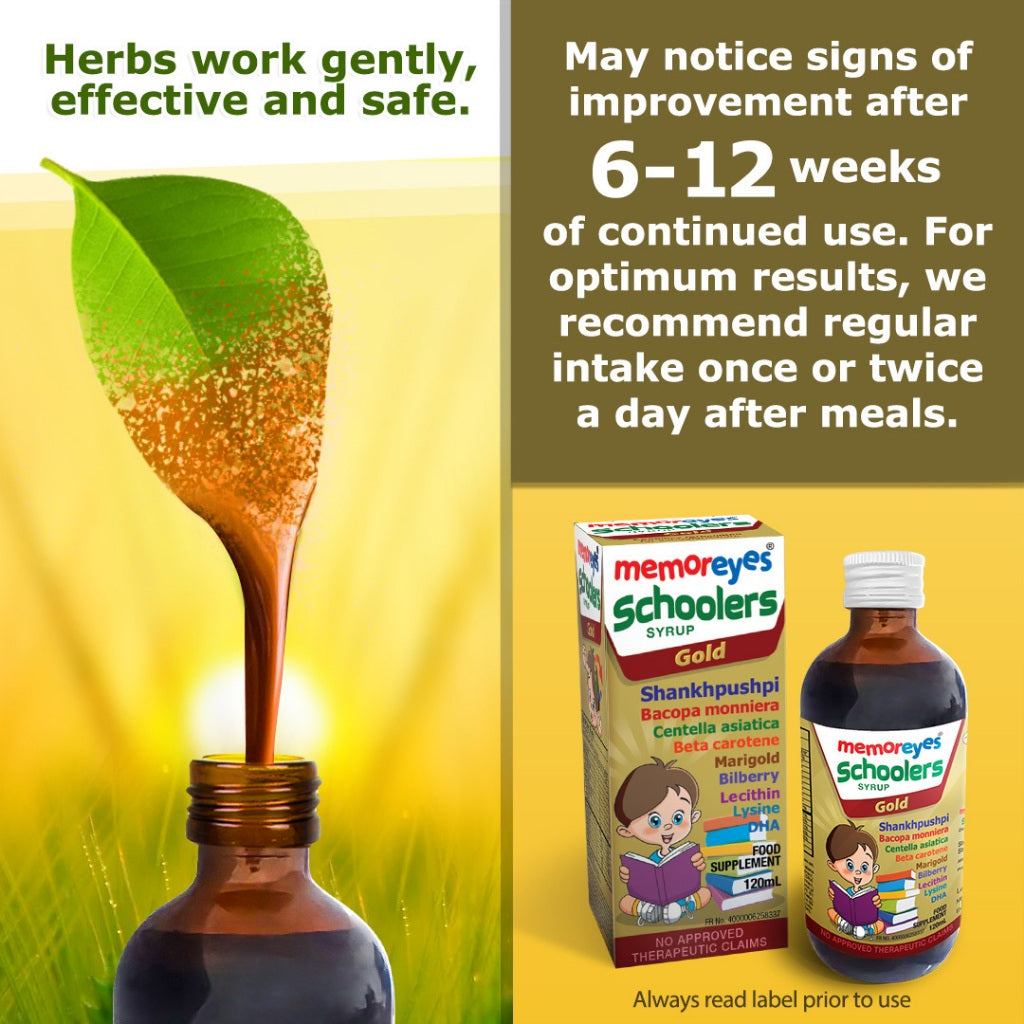 MemorEyes Schoolers Gold Syrup 120ml | Memory Booster for Kids Ages 4-9 | Plant-Based Brain & Focus