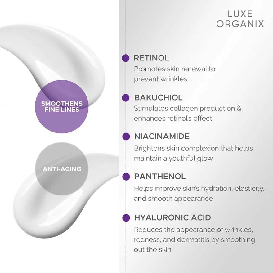 LUXE ORGANIX Retinol + Bakuchiol Overnight Glow Gentle Treatment Cream Moisturizer 30g